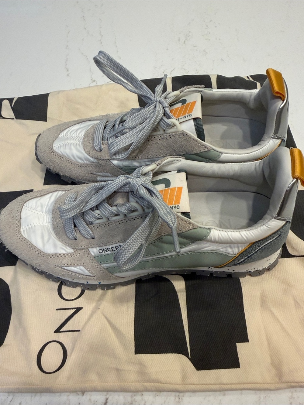 Once Concept Low-Top Sneakers in Gray, White and Green with Gold Heel Tab